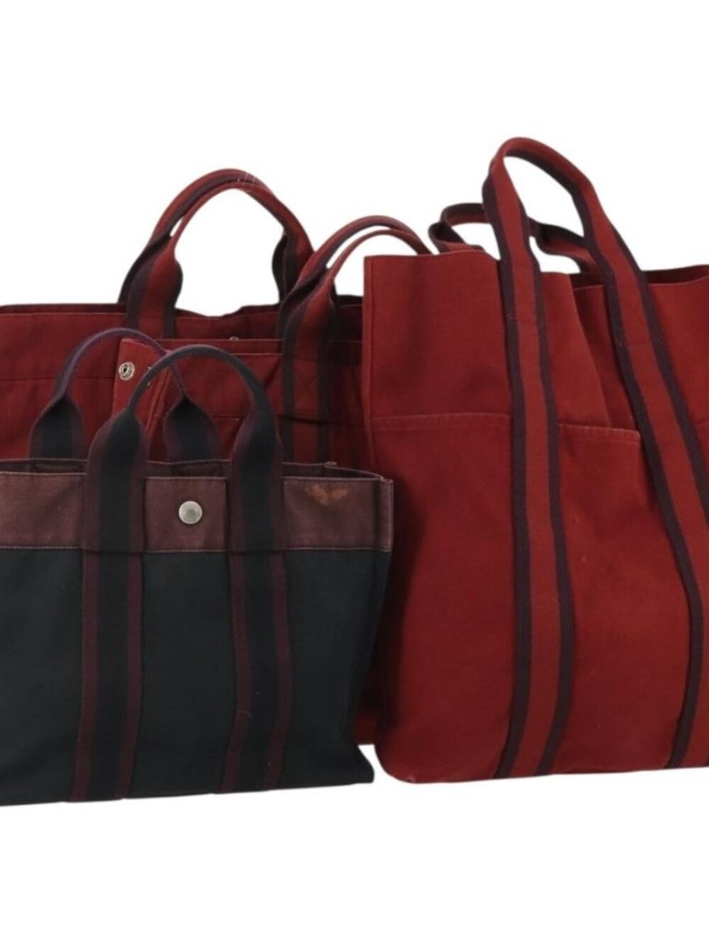 HERMES Her Line Hand Bag Canvas 4 Set Red Black Auth BA13063